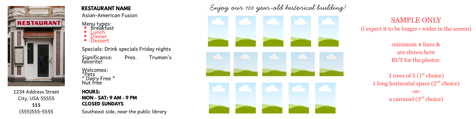 Breakfast; Lunch; Dinner; Dessert; Opens 9am; Reservations Optional; Historical; Pets Welcome; Dine al fresco; Dairy Free; Nut Free Options; Asian-American Fusion